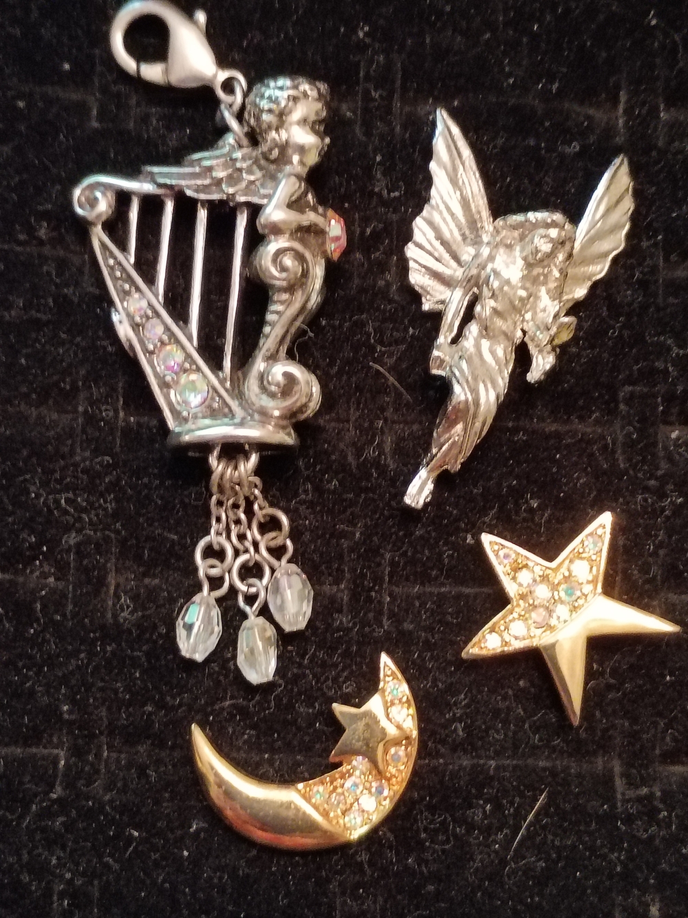 4 KIRKS FOLLY Vtg Pieces; Hat/Lapel Pins & Pendant/Charm -Harp Angel Moon Star!